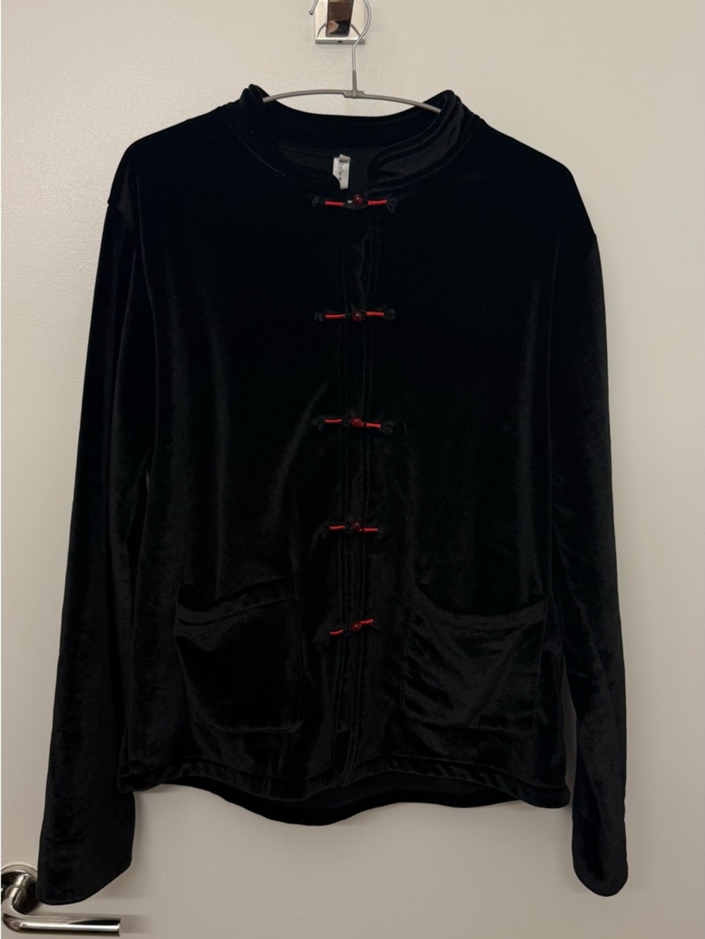 Black Velvet Mandarin Jacket with Red Knot Buttons with Floral Cuff